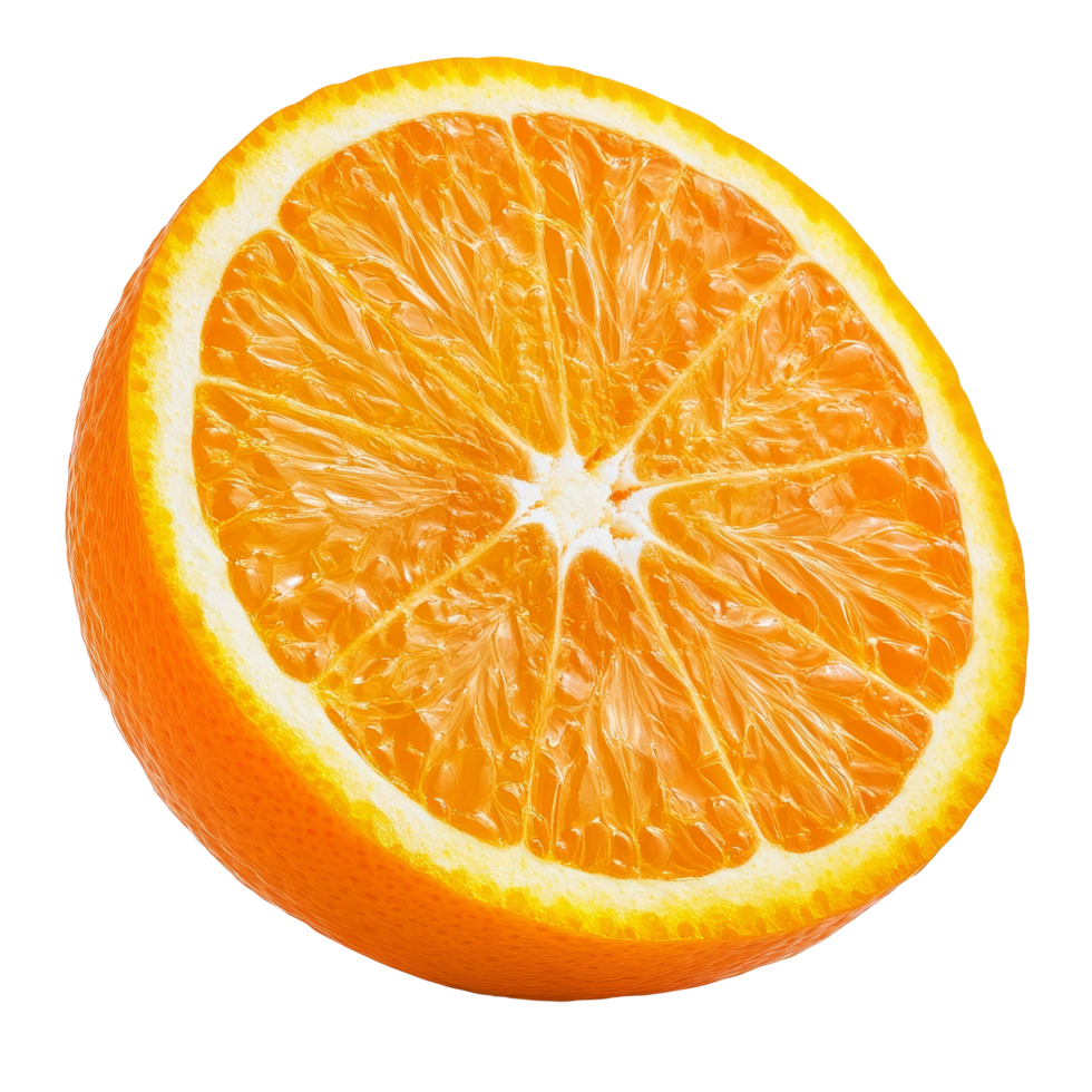 Freshly cut orange half on a transparent background showcasing its juicy texture and vibrant color for culinary uses, of orange fruit isolated on transparent background png