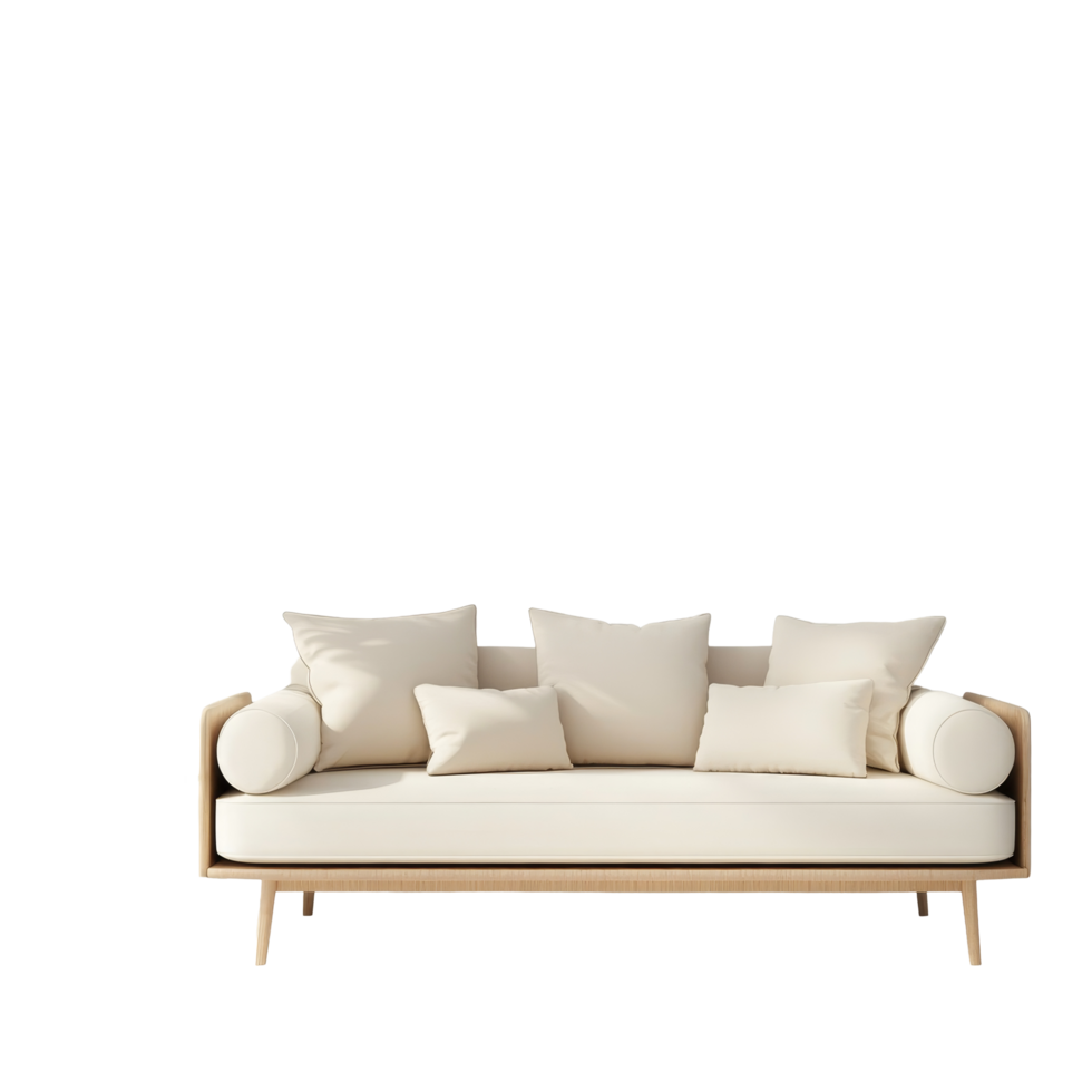 Modern sofa with decorative cushions and a large indoor plant against a clean transparent background, Sofa and plant on transparent background png