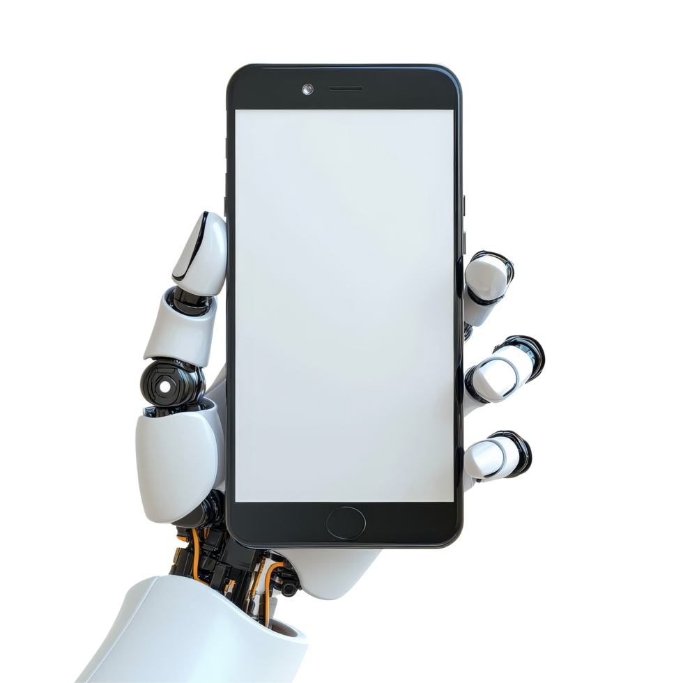 Robotic hand grasping a blank smartphone in a minimalist setting with a transparent background, Robotic Hand Holding Blank Smartphone Isolated on transparent background png