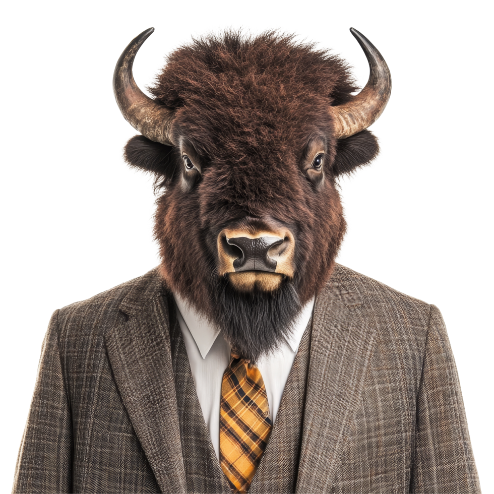 A bison wearing a business suit on a plain transparent background showcases unique creativity and humor, Bison Leader in Business Attire on transparent background png