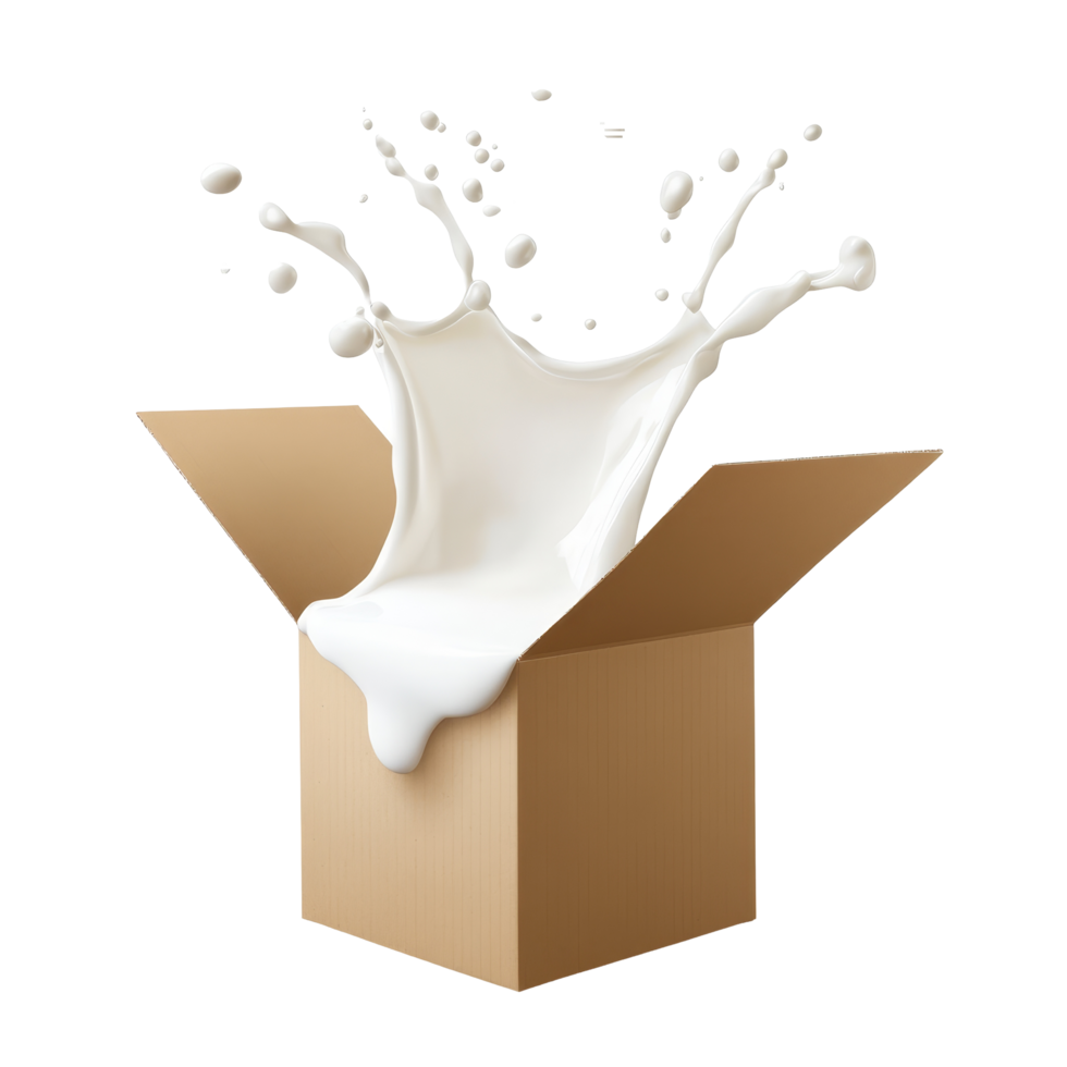 A carton box overflowing with milk splash on a clean background against a bright tone, Carton box or packaging with milk splash isolated png