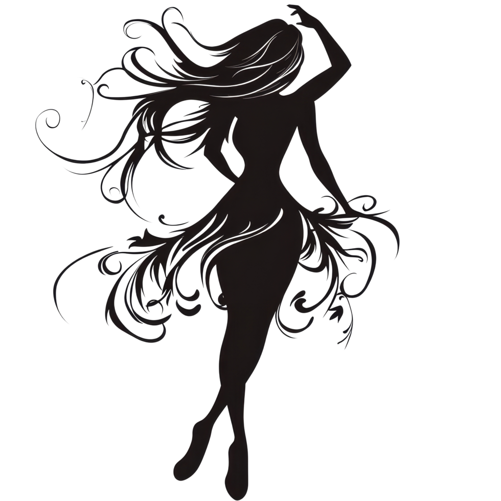 A graceful dancer with flowing hair showcases her elegance against a transparent background in a dynamic pose, dancing woman with flowing hair isolated on transparent background png
