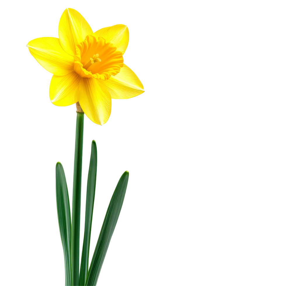 A vibrant daffodil standing elegantly against a bright transparent background showcasing its striking yellow petals, vibrant dafodil in style, isolated on a transparent background for design layouts png