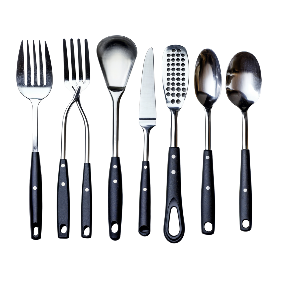 A collection of essential kitchen utensils arranged neatly on a transparent background for culinary use and reference, Kitchen utensil on transparent background file png