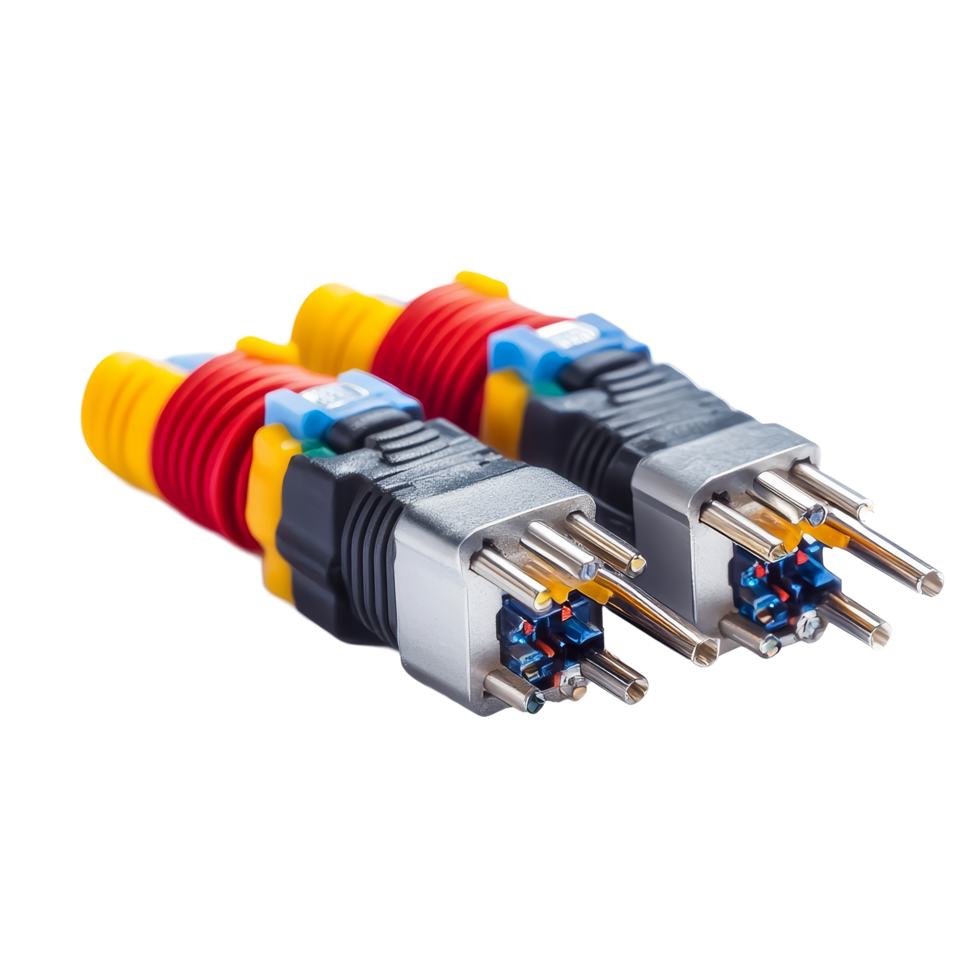 Detailed view of multiple fiber optic connectors arranged neatly against a clean transparent background, Fiber optic connectors on transparent background png