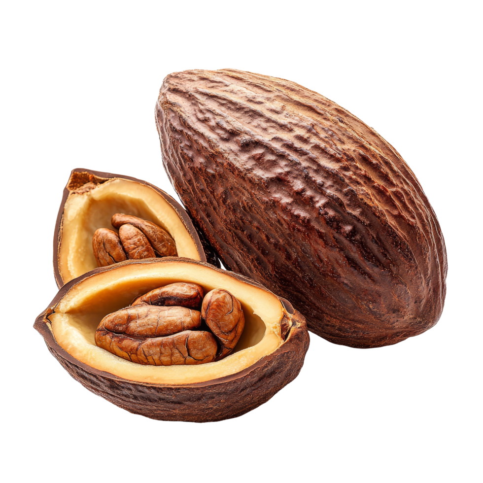 Cocoa pod and beans isolated on a transparent background showcasing the natural texture and rich color of cocoa in a clean, simple arrangement, Cocoa isolated on transparent background png