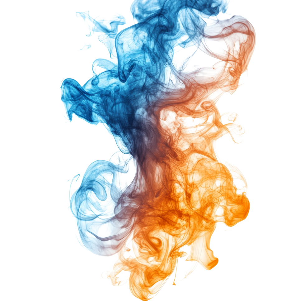 Captivating blue and orange smoke wisps rising against a transparent backdrop, blue and orange smoke isolated png