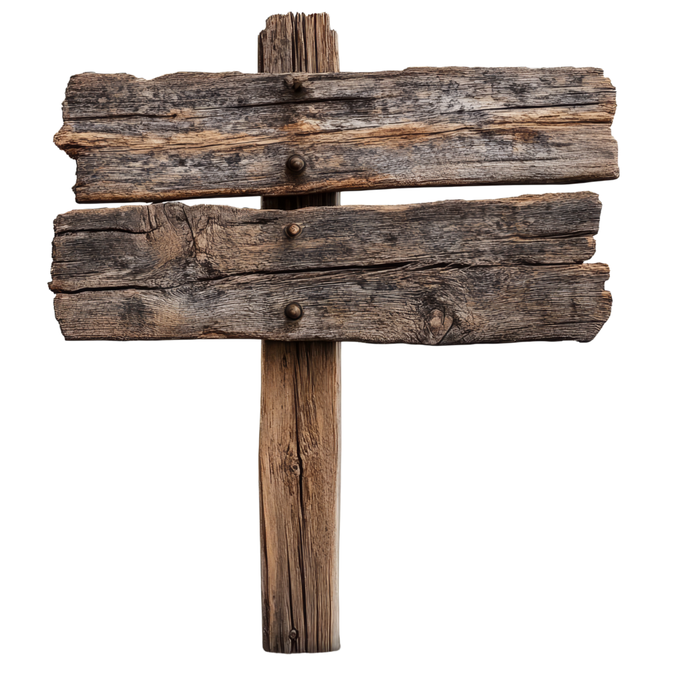 Old wooden signboard standing alone against a transparent background, showcasing rustic charm and timeless design, old wooden signboard isolated on transparent background png