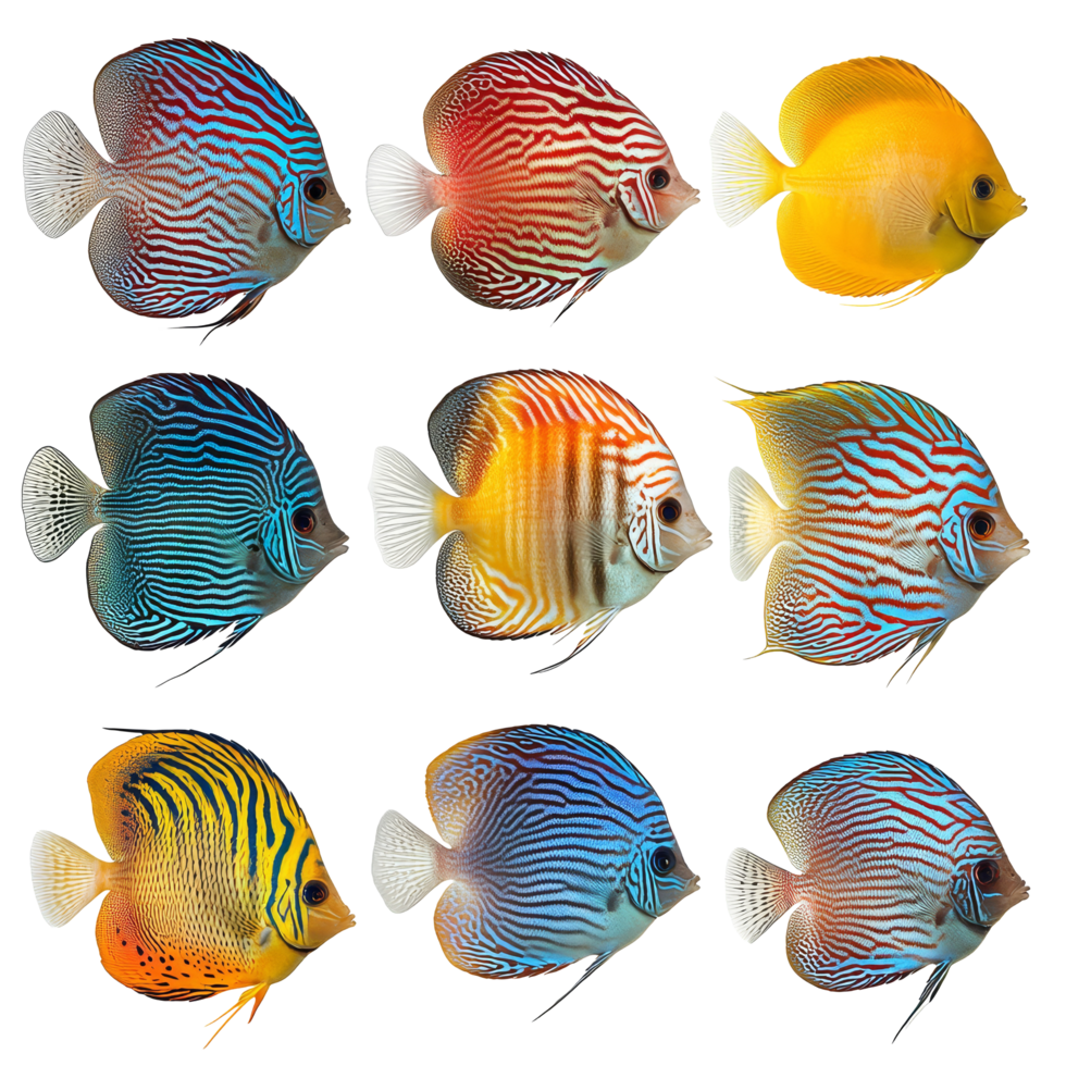 A vibrant collection of discus fish showcasing various colors and patterns isolated against a clean transparent background, discus fish isolated on transparent background png