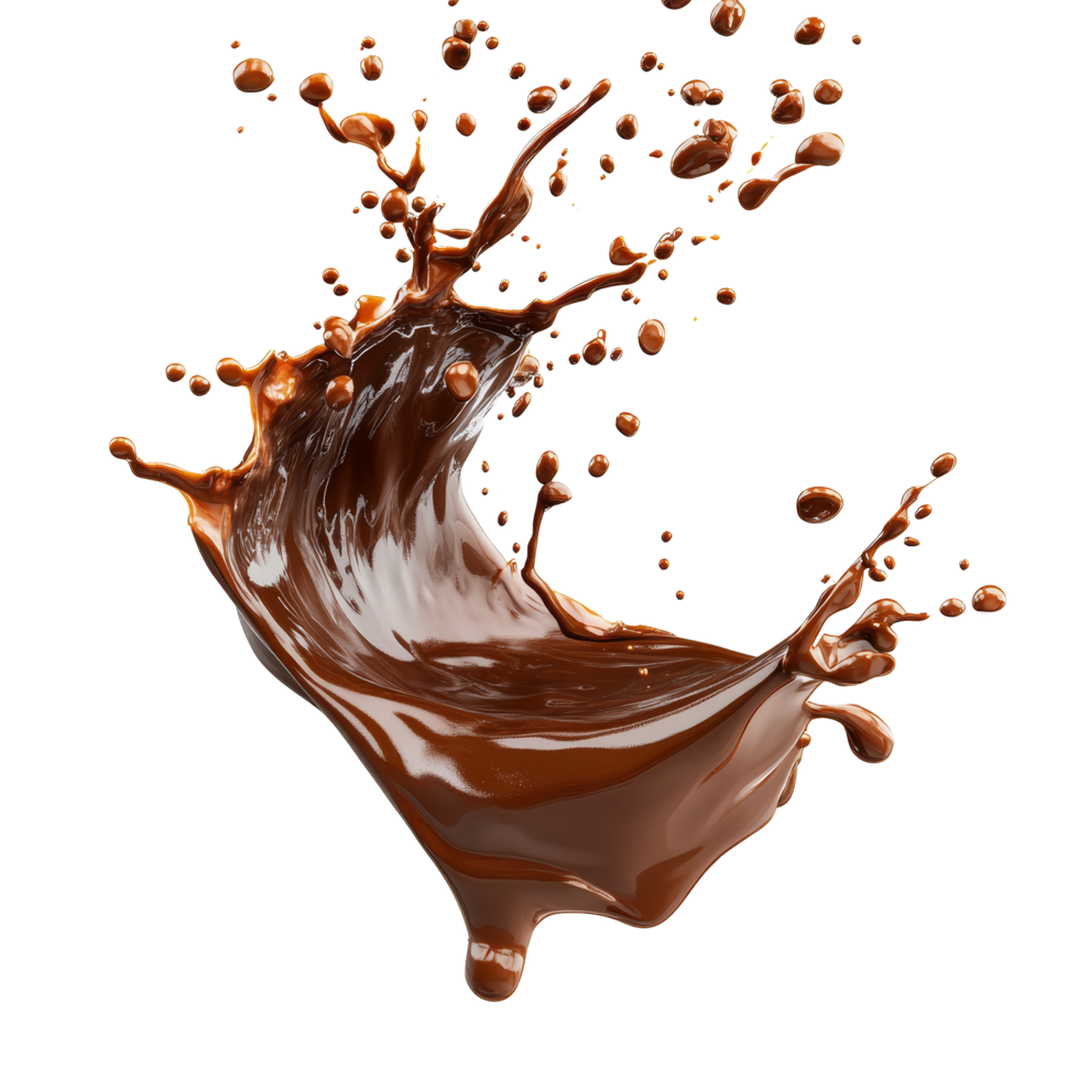 Dynamic chocolate splash flowing with energy on a transparent background, capturing the essence of fluid motion and indulgence, chocolate splash flowing in motion isolated on transparent background png