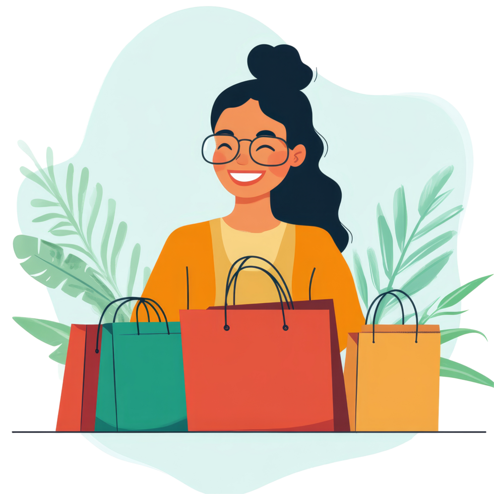 Happy woman shopping online at home surrounded by colorful bags with a bright and cheerful atmosphere, file no backgroundHappy woman shopping online and smiling png