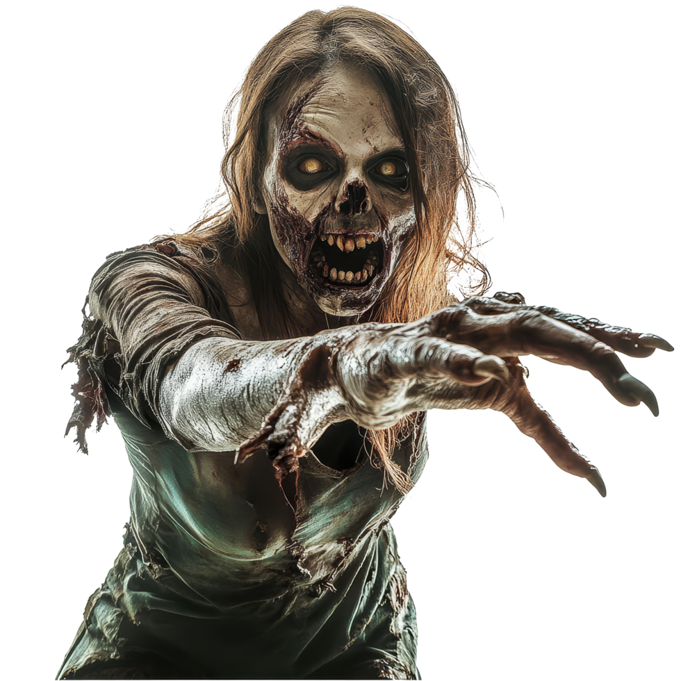 A terrifying female zombie reaches out with claw-like hands against a stark transparent background in a chilling portrayal, Female Zombie Reaching Out with Claws on transparent background png