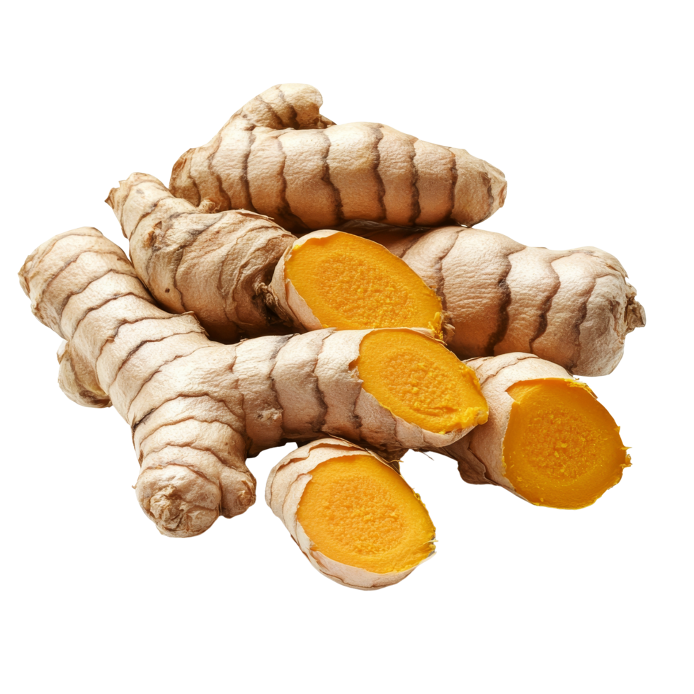 Fresh turmeric roots with vibrant orange interior arranged on a clean transparent background for culinary use, fresh turmeric on transparent background png