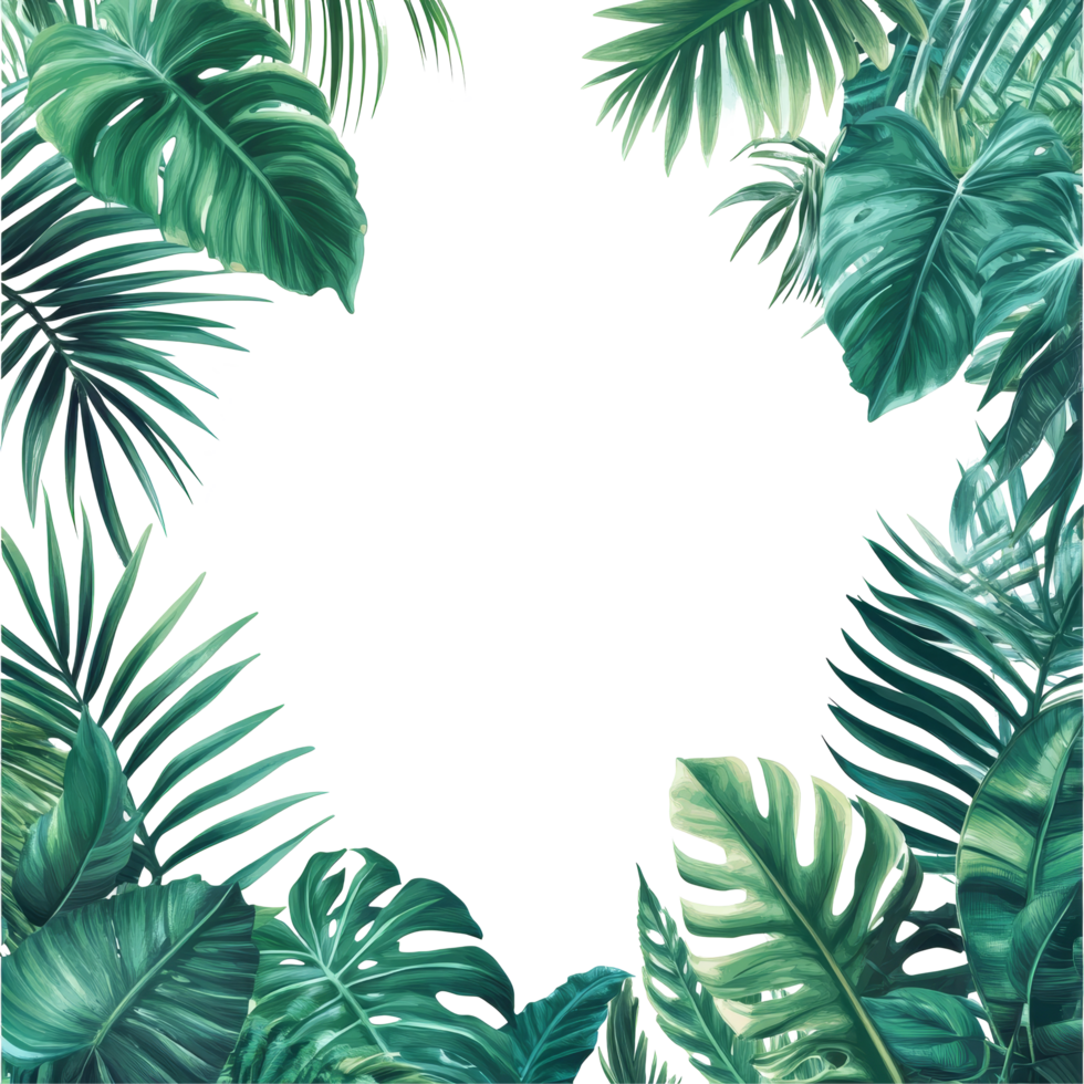 Tropical palm leaves create a lush green frame against a bright transparent background in a vibrant botanical display, green botanical tropical palm leaves frame on transparent background png