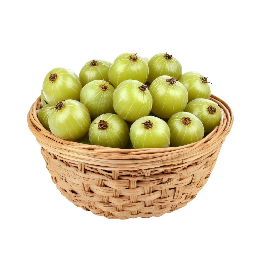 Fresh Indian gooseberries in a woven basket isolated on a transparent background for natural food display, Indian gooseberry in basket isolated on transparent background png