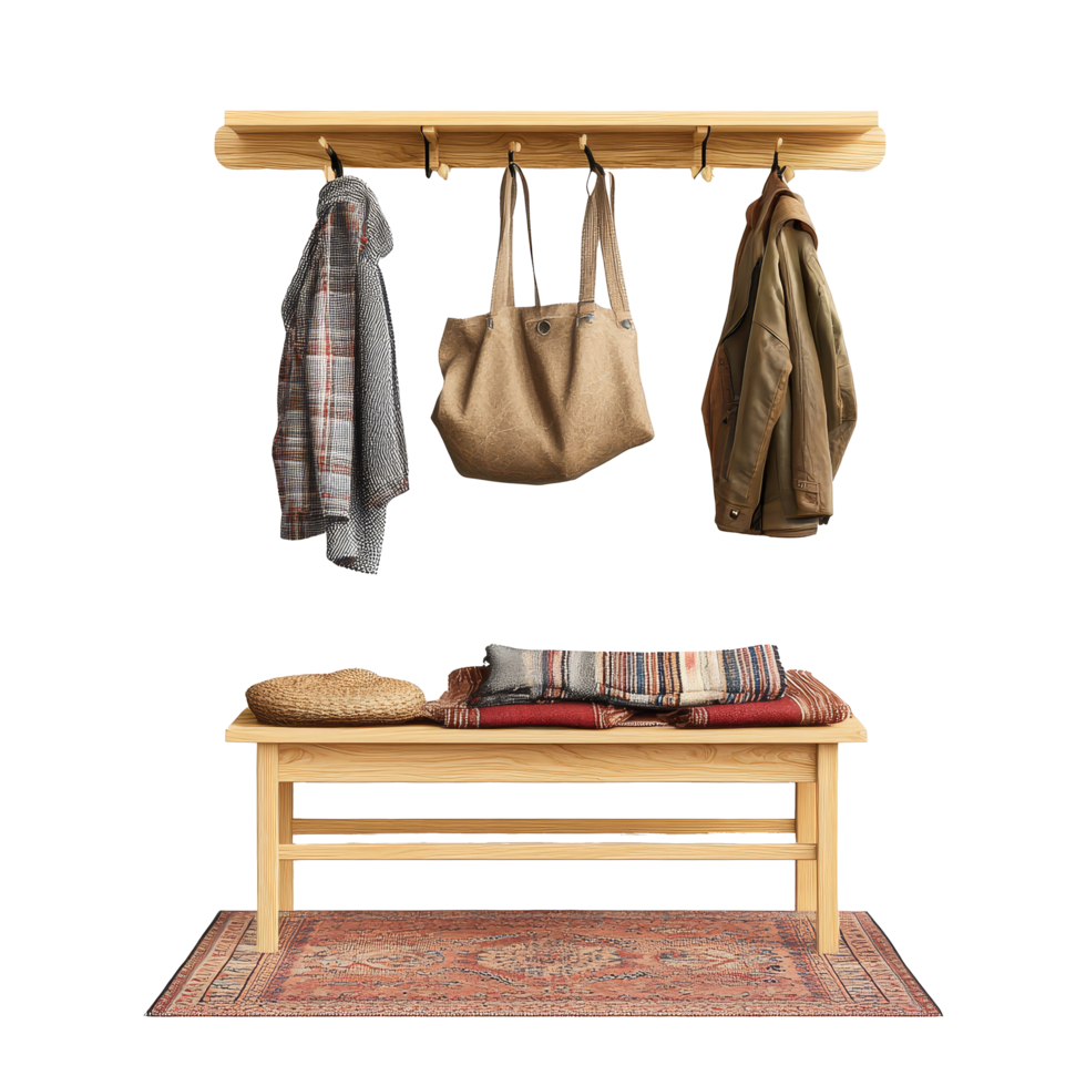 Stylish coat rack with bench and patterned rug against a clean transparent backdrop creating a welcoming entryway look, Coat rack with bench and rug isolated on transparent background png