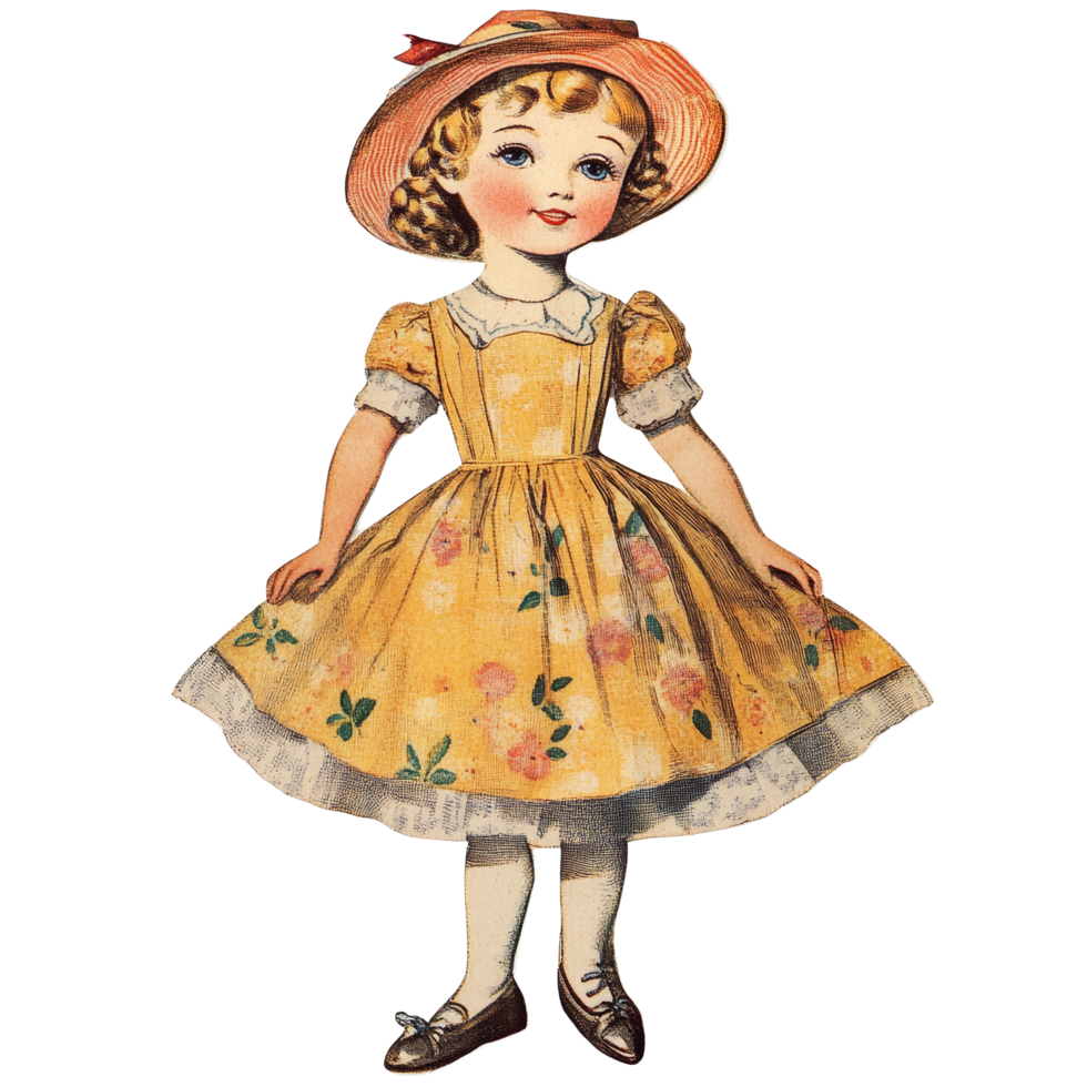 Charming vintage paper doll in Victorian style with floral dress and sun hat, evoking a nostalgic childhood, vintage 1950s paper doll cupie doll victorian style isolated transparent background png