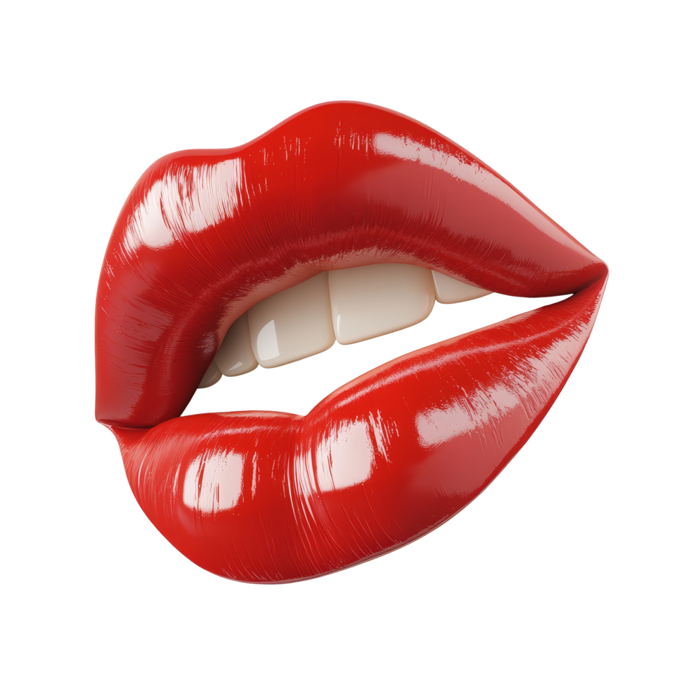 A close-up view of a woman's lips adorned with vibrant red lipstick making a kiss gesture at midday, Woman's lips with red lipstick and kiss gesture, 3D render isolated on transparent background png