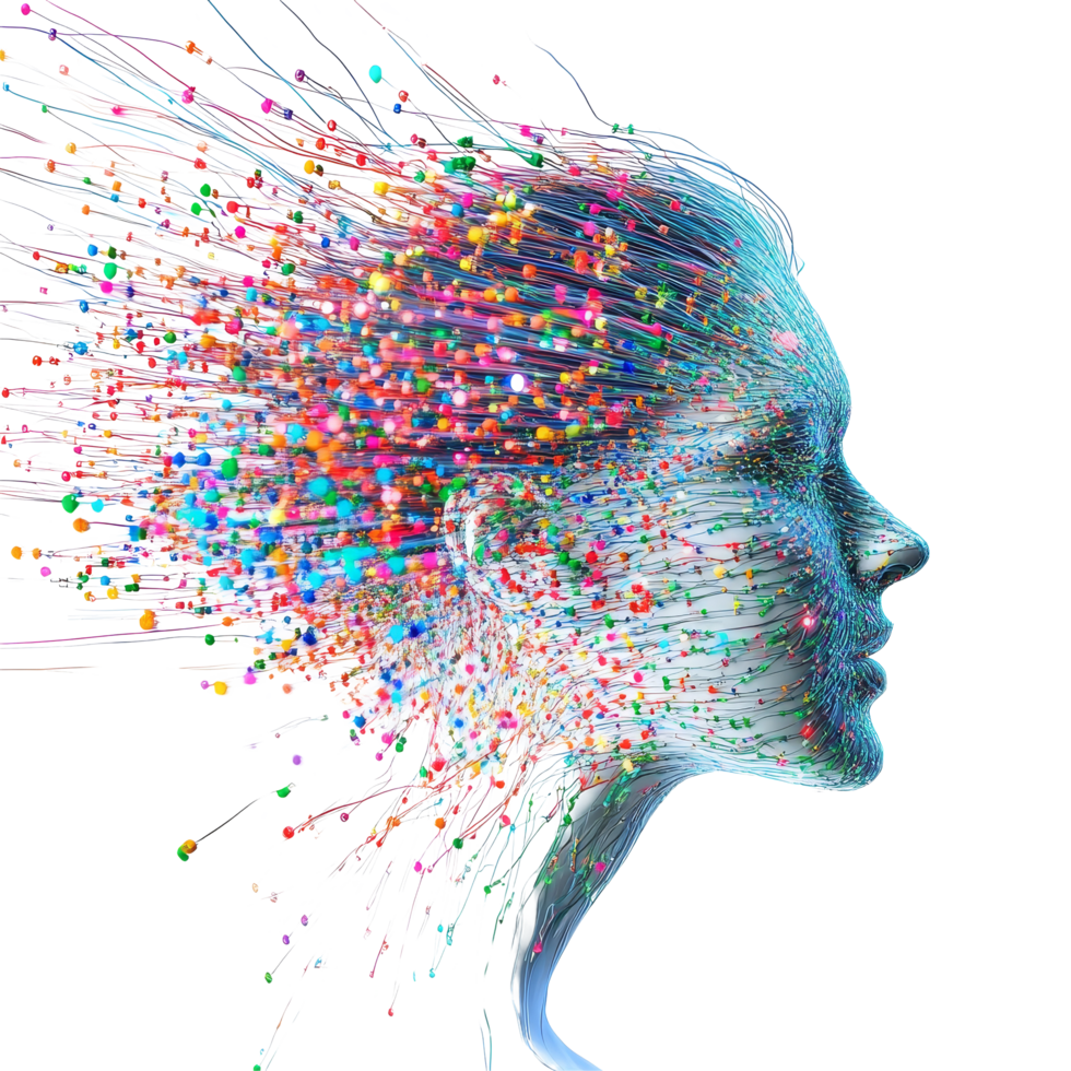 Fiber optic connections extend from a human-like profile, illustrating the blend of technology and human ingenuity, Head fiber optic connection on transparent background png