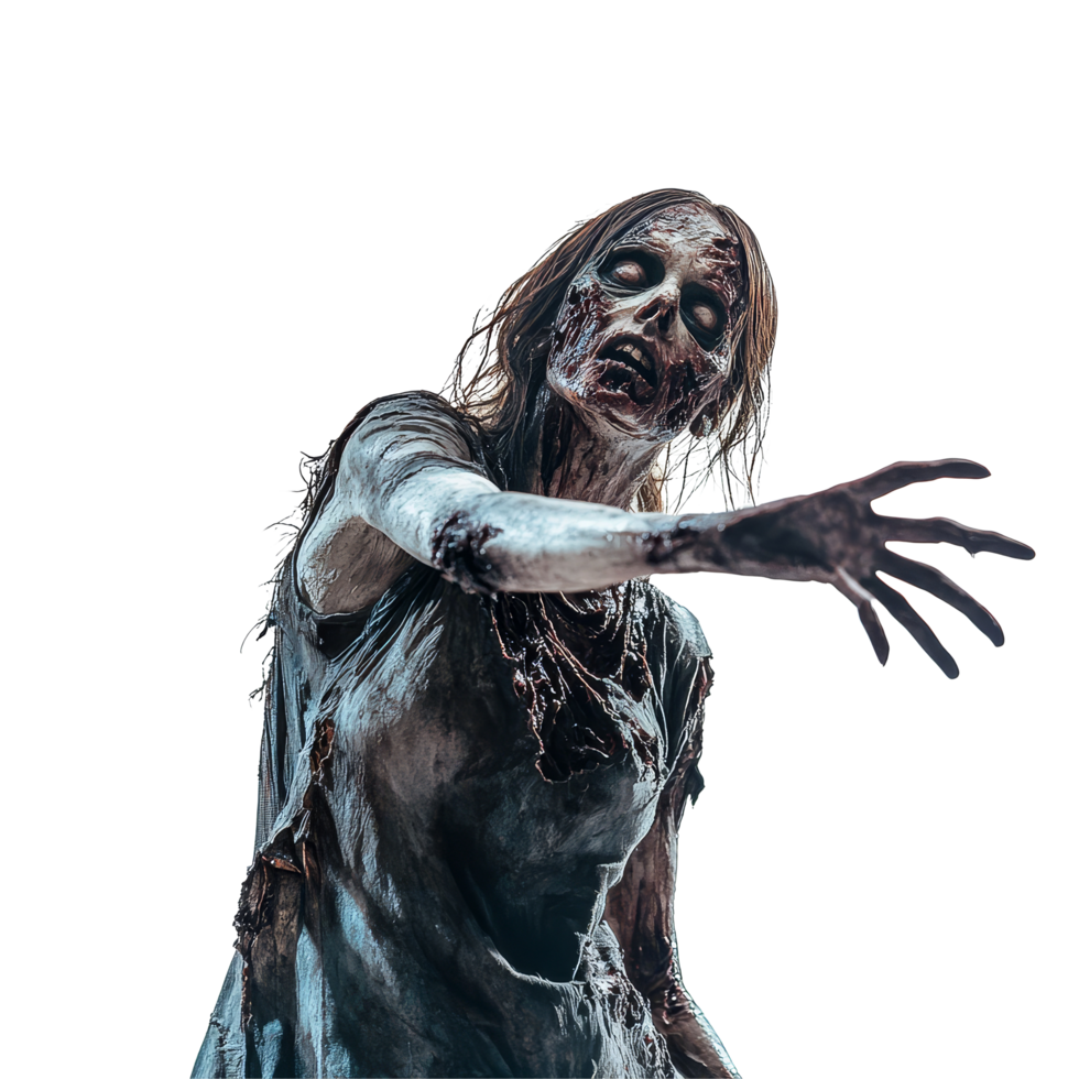 A zombie woman reaches out with an eerie expression against a stark transparent background, evoking dread and intrigue, Zombie Woman Reaching Out on transparent background png