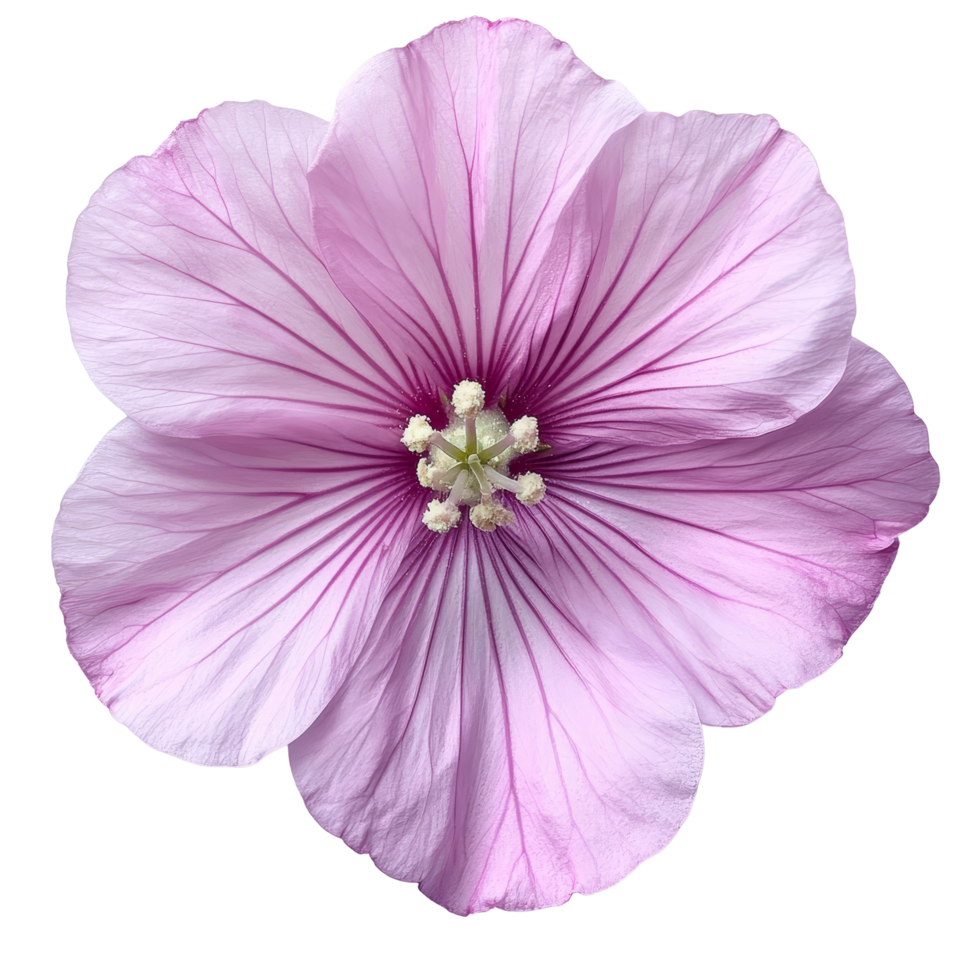 A close-up view of a beautiful single tree mallow flower showcasing delicate pink petals and intricate details, various Single tree mallow flower top view and with isolated on transparent background png