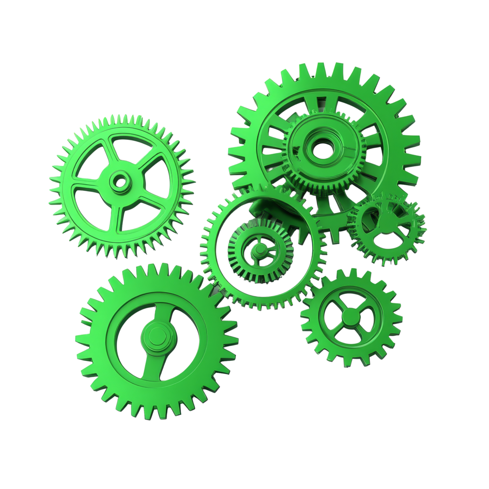 Various green gears arranged on a flat isolated transparent background showcasing mechanical design elements, green gears flat 3d isolated transparent background png