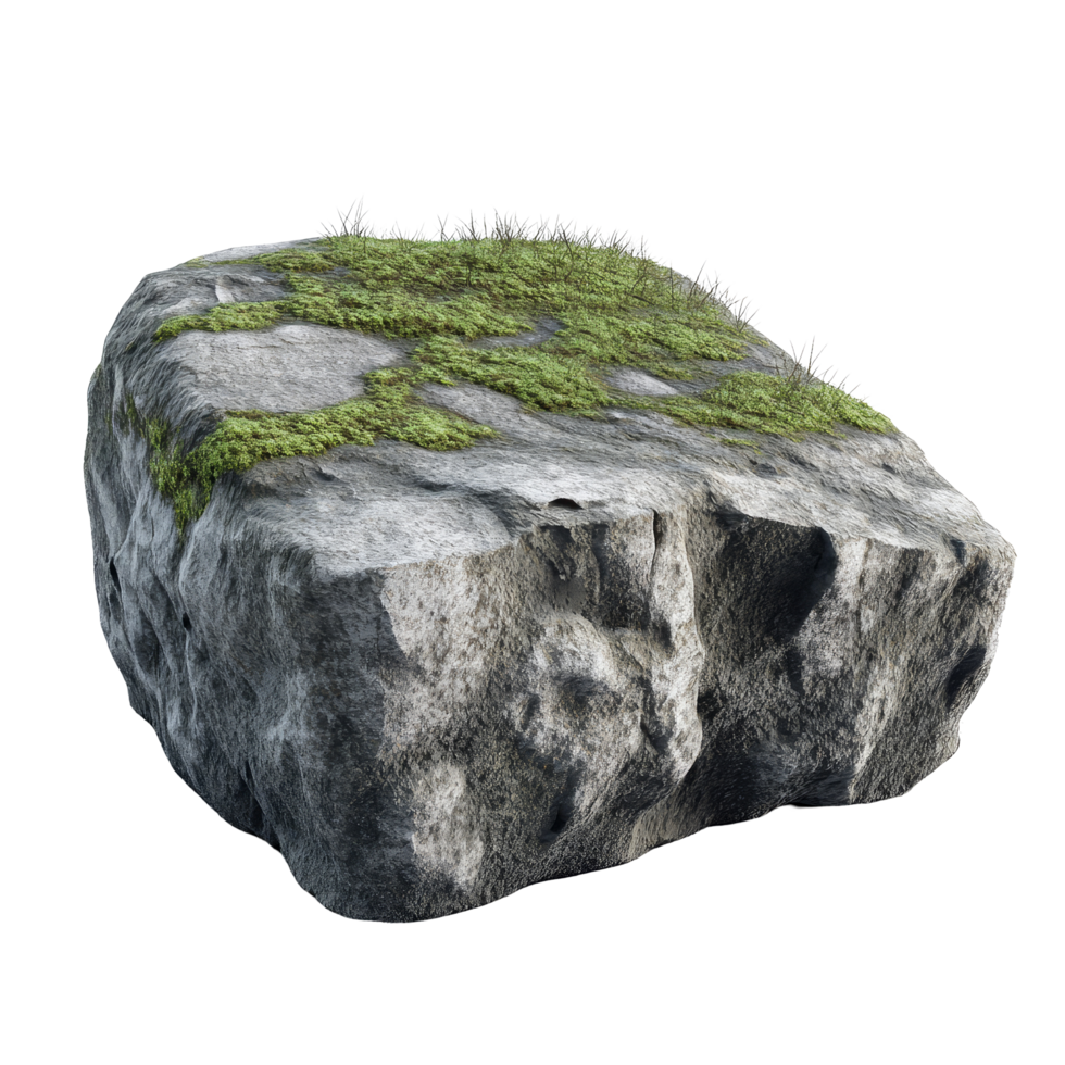 Textured rock stone featuring vibrant green moss and natural details in a serene outdoor setting, Textured Rock Stone with Green Moss png