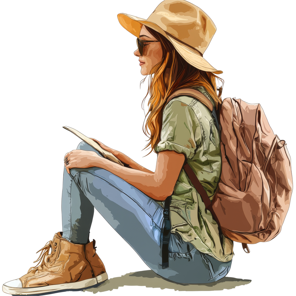 A traveler woman sitting with a backpack, reading in a relaxed outdoor setting during a sunny day, file no background Traveler woman sitting and taking a break png