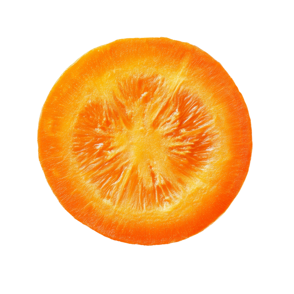 Fresh carrot slice isolated on a clean transparent background showcasing vivid orange color and texture, Carrot slice top view isolated on transparent background png