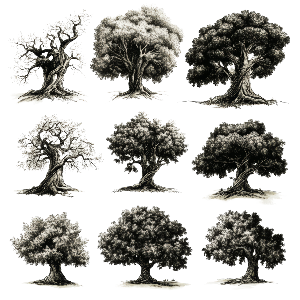 Old tree illustration collection featuring diverse shapes and textures against a transparent background, Old Tree illustration transparent background png