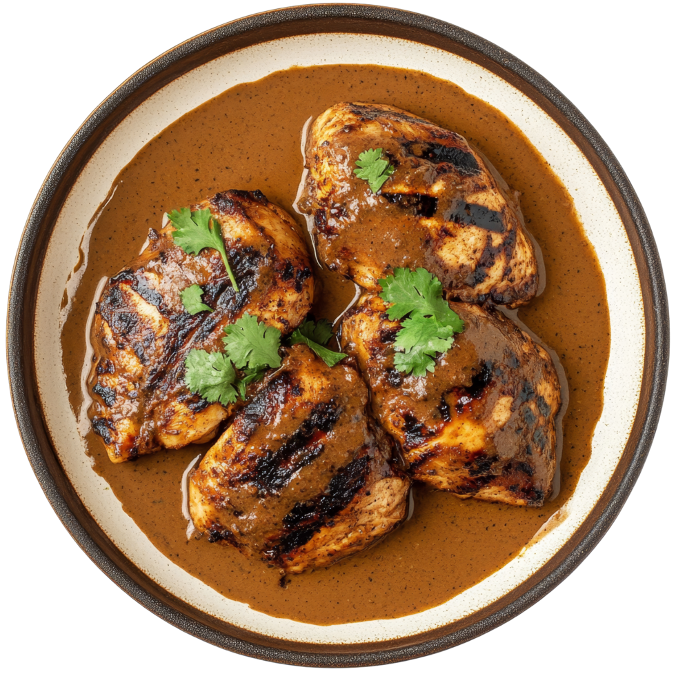 Delicious grilled chicken topped with rich mole poblano sauce served on a ceramic platter, grilled chicken with mole poblano sauce on ceramic plate isolated on transparent background png
