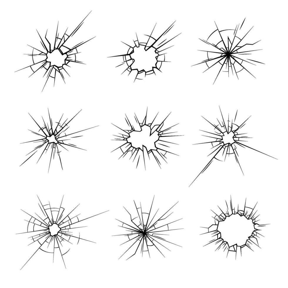 set of bullet shot holes, broken glass effect vector