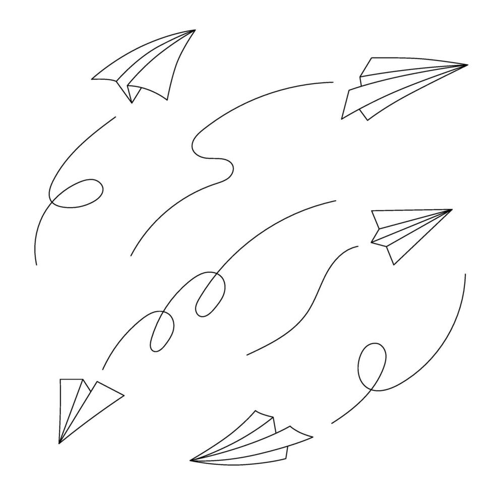 set of paper airplanes and their flight paths, editable stroke vector