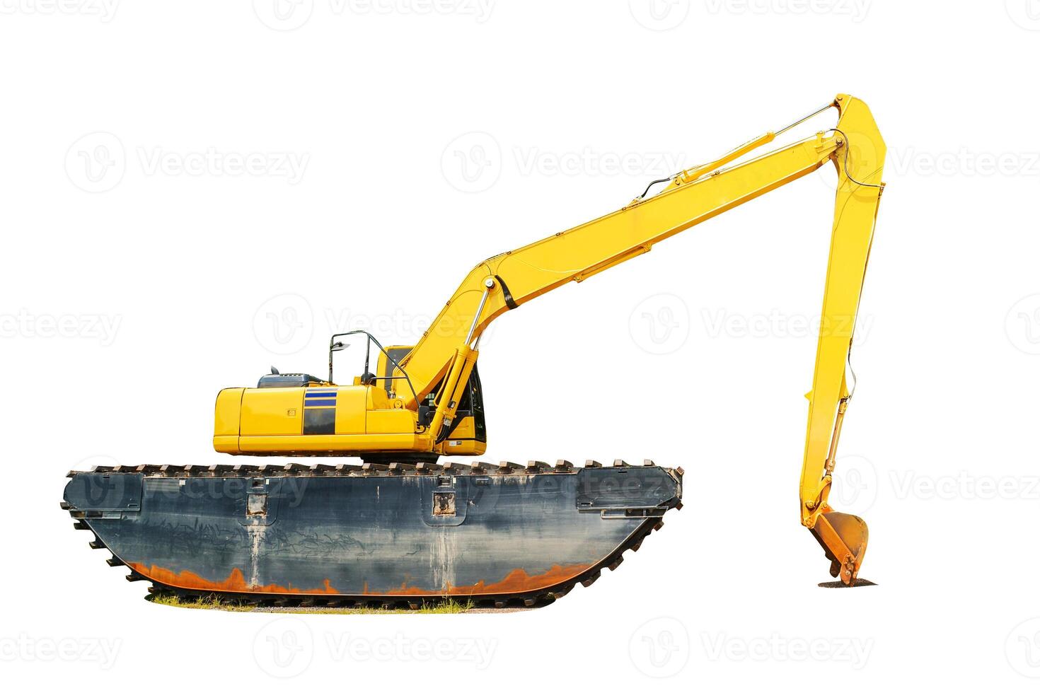 Yellow Amphibious Excavator on White Background Isolated for Construction and Heavy Machinery Stock Image photo