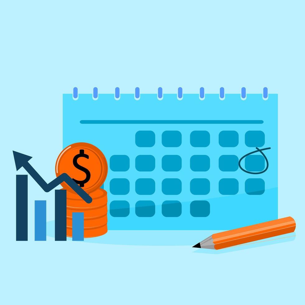 Calendar, money, graph, pen, pencil, stock chart, illustration vector