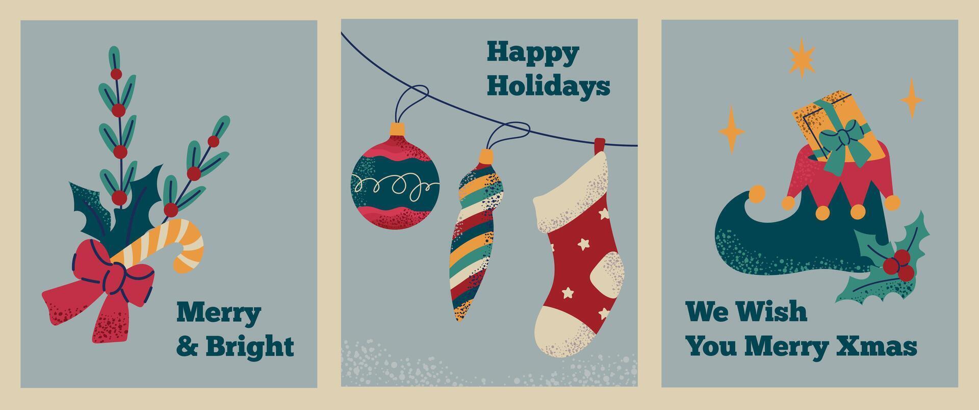 Merry Christmas and Happy New Year greeting cards collection set in retro style vector