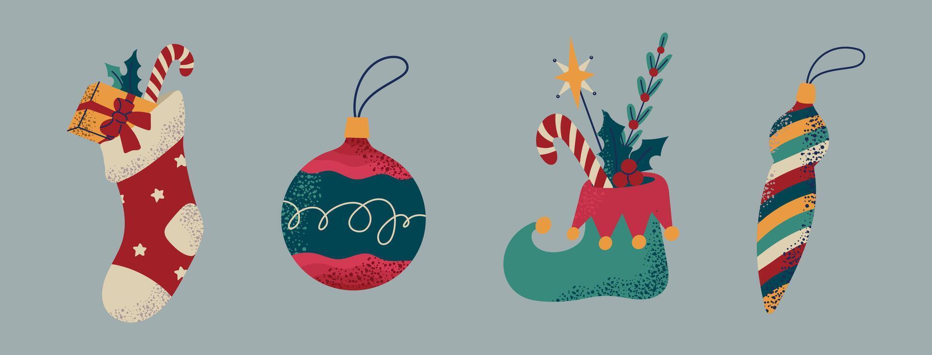 Set collection of retro Christmas and New Year elements gift sock elf shoe plants tree decorations vector