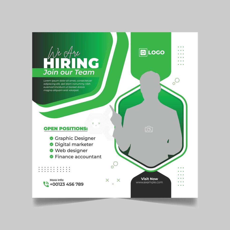 We are hiring job vacancy social media post banner design template set. business concept of search and recruitment. join our team announcement lettering in vector