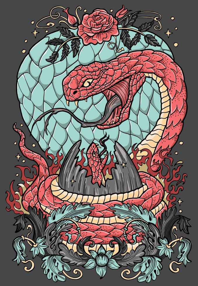 Hand drawn colorful illustration with snake - symbol of the year according to eastern horoscope and her child. Loving mother. Graphic artwork with esoteric, gothic and mystic concept vector