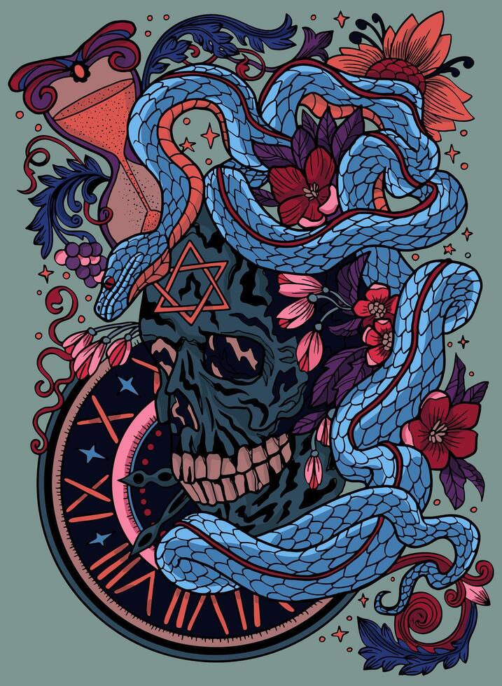 Hand drawn colorful illustration with skull, old watch and snake - symbol of the year according to eastern horoscope. Graphic artwork with esoteric, gothic and mystic concept vector