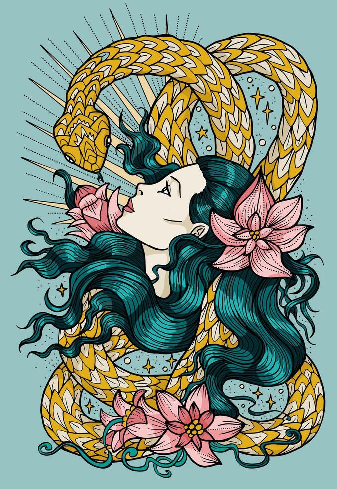 Hand drawn colorful illustration with beautiful girl and snake - symbol of the year according to eastern horoscope. Graphic artwork with esoteric, gothic and mystic concept vector