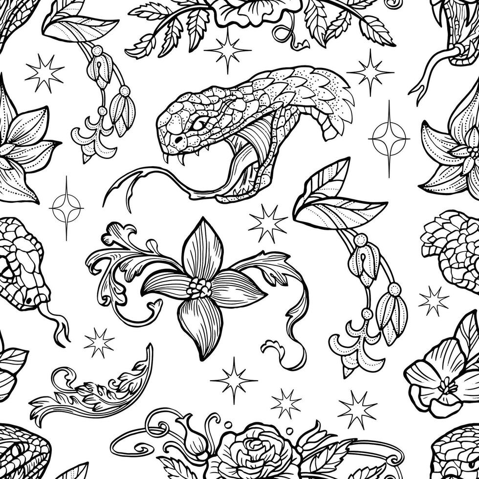 Seamless pattern with line art illustrations of the snake - symbol of the year according to eastern horoscope, patterns and flowers on white. Doodle artworks with esoteric, gothic and mystic concept vector