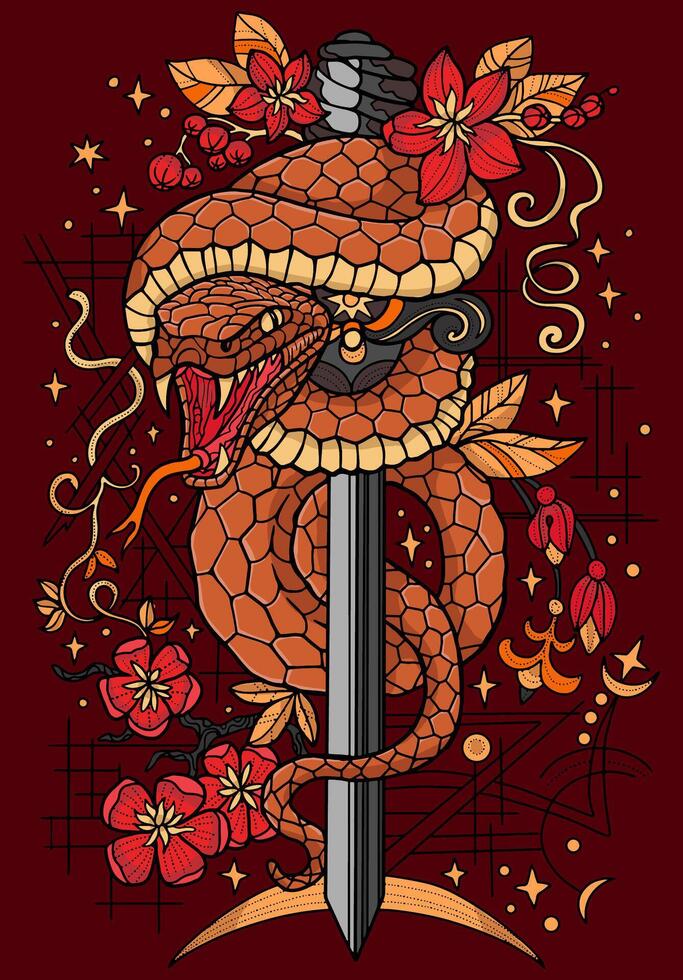Hand drawn colorful illustration with sword and snake - symbol of the year according to eastern horoscope. Graphic artwork with esoteric, gothic and mystic concept, mythology and legend vector