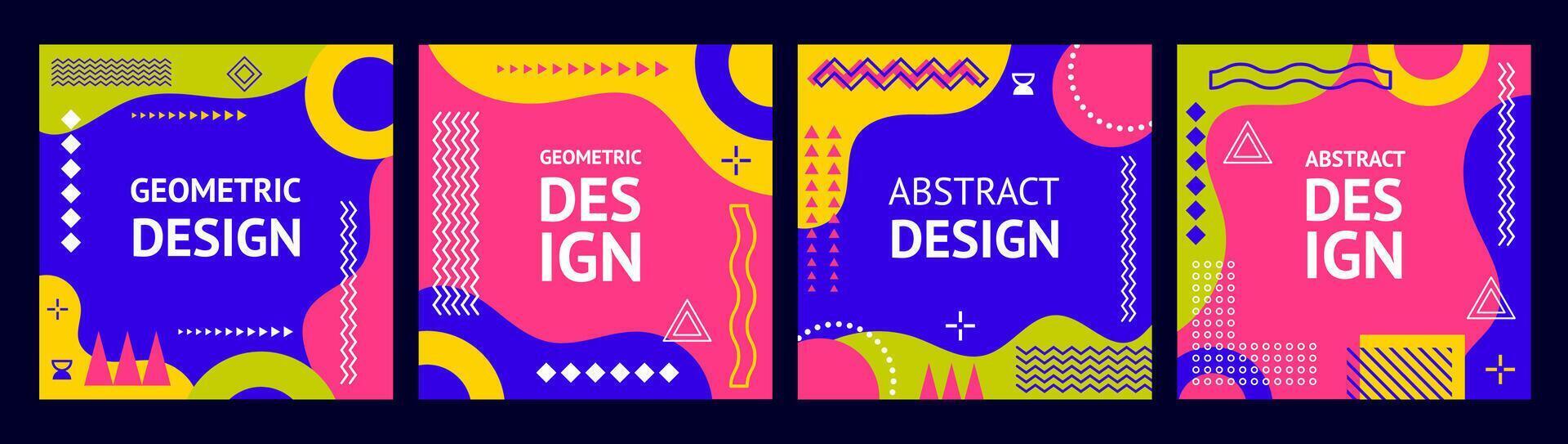 Abstract Memphis geometric banners with patterns vector