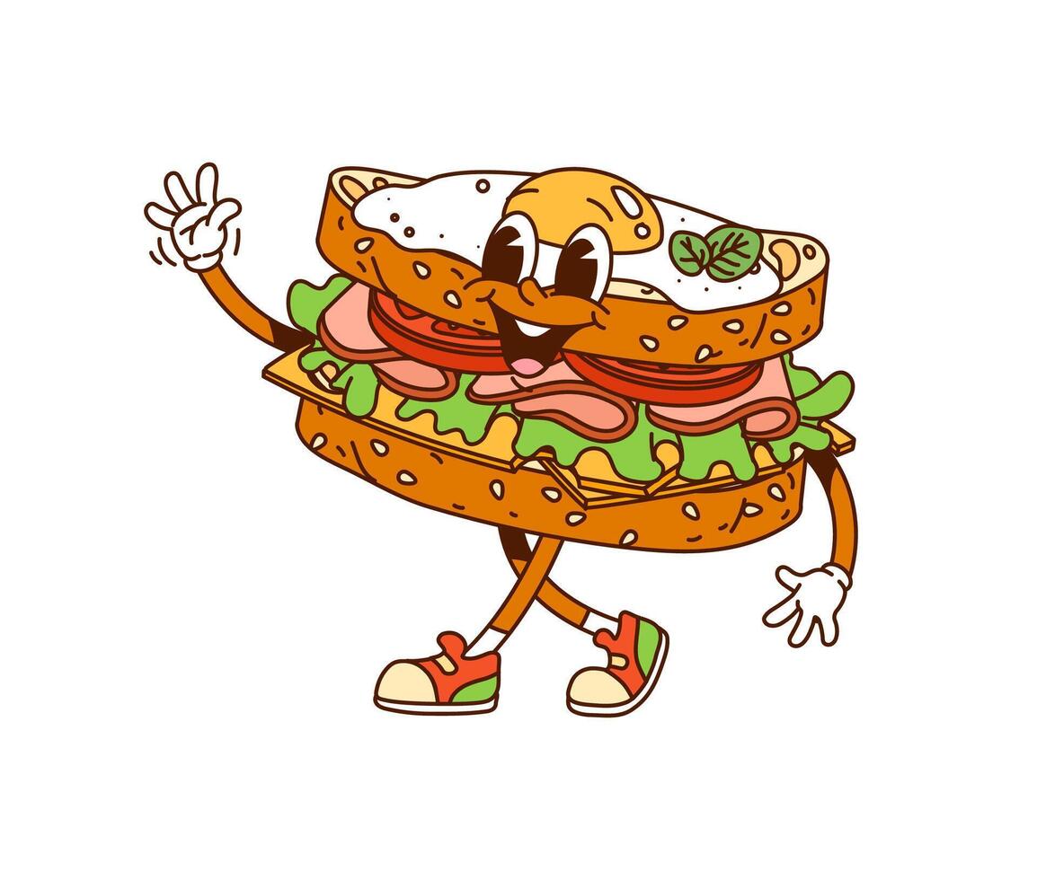 Cartoon groovy egg sandwich fast food character vector