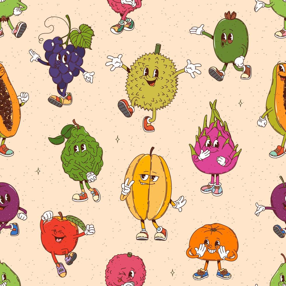 Retro groovy tropical fruit characters pattern vector