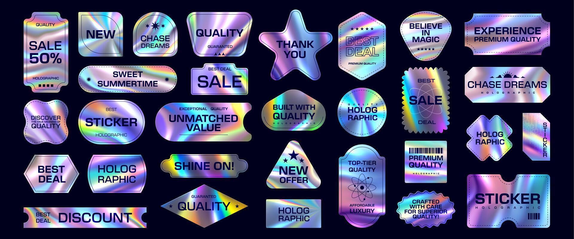 Hologram y2k stickers, iridescent gradient labels vector