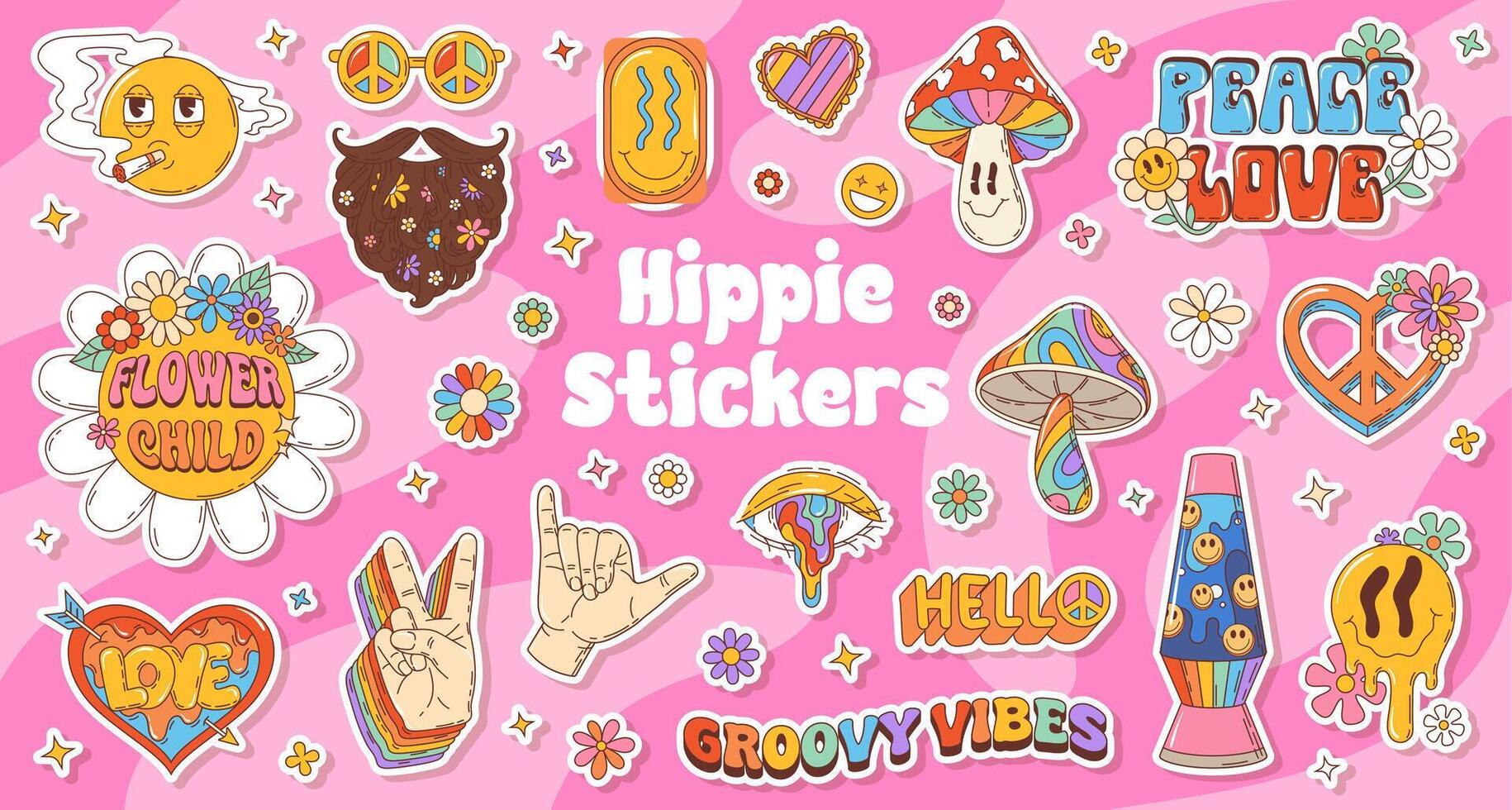 Groovy hippie y2k symbols retro stickers pack vector