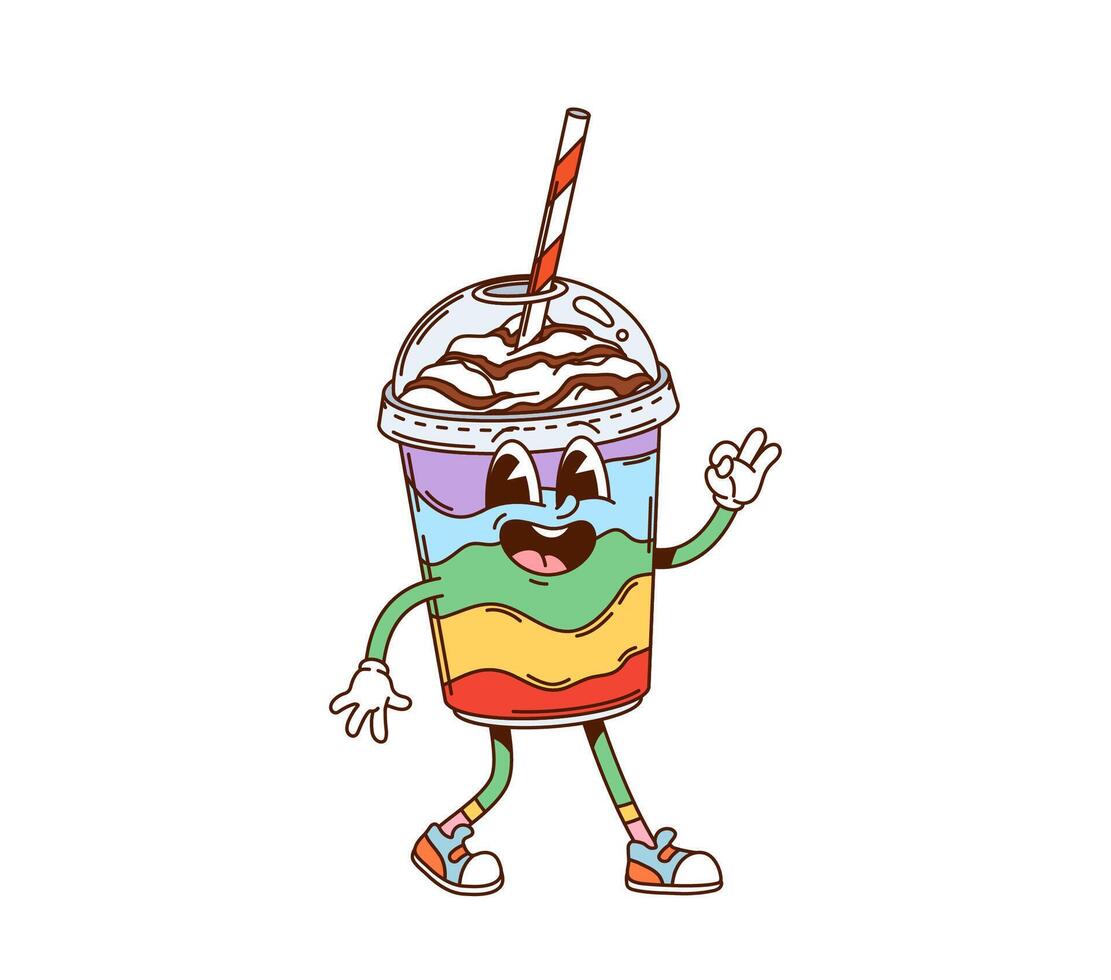 Cartoon groovy milkshake dessert retro character vector