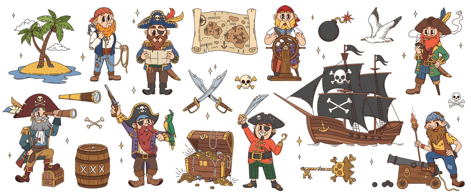 Cartoon groovy pirate characters, ship and map vector